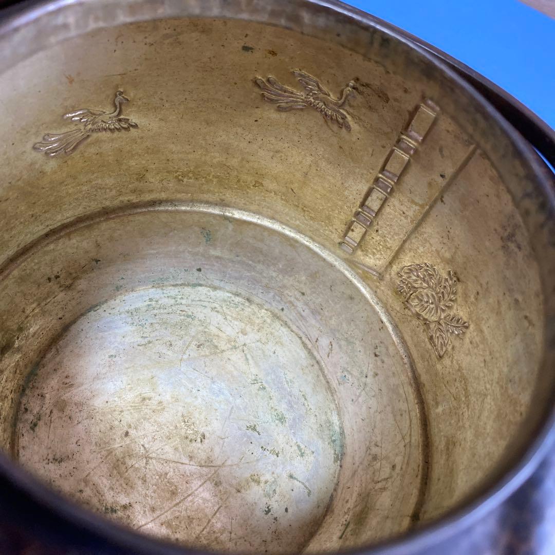 アンティーク割手銅製やかん彫刻鳳凰年代物骨董レトロ