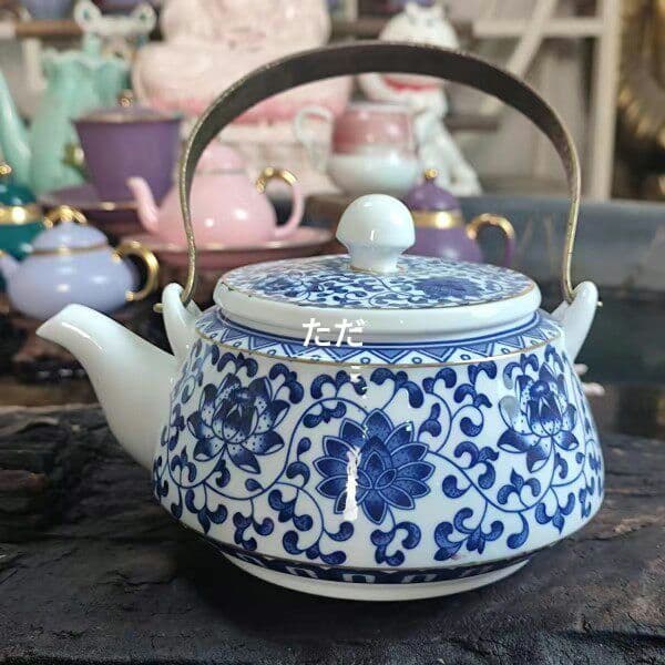中国茶器 青花纏枝蓮提梁壺 飲茶食器 煎茶器 急須 新品未使用