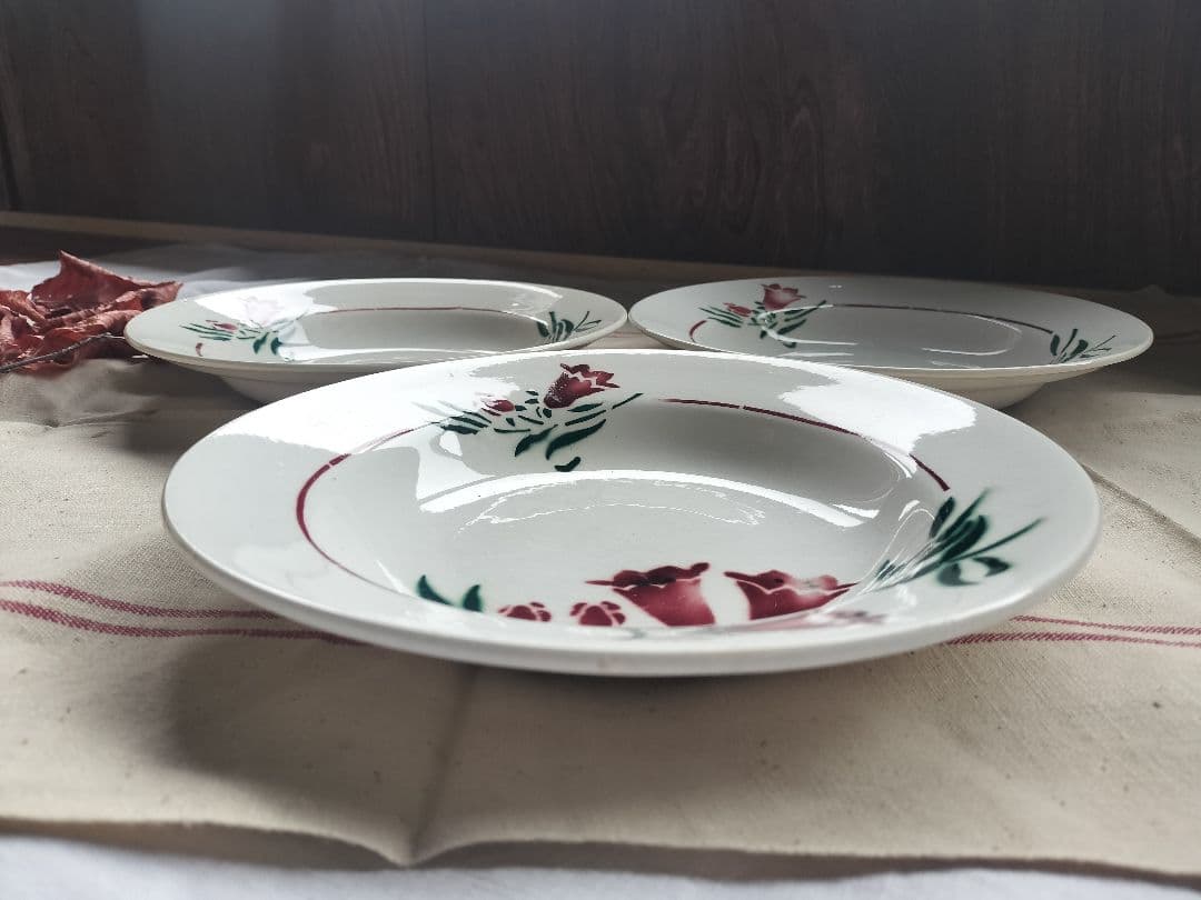 アンティーク　フランス　サンタマン　　赤い花　陶磁　深皿　美品　３枚セット