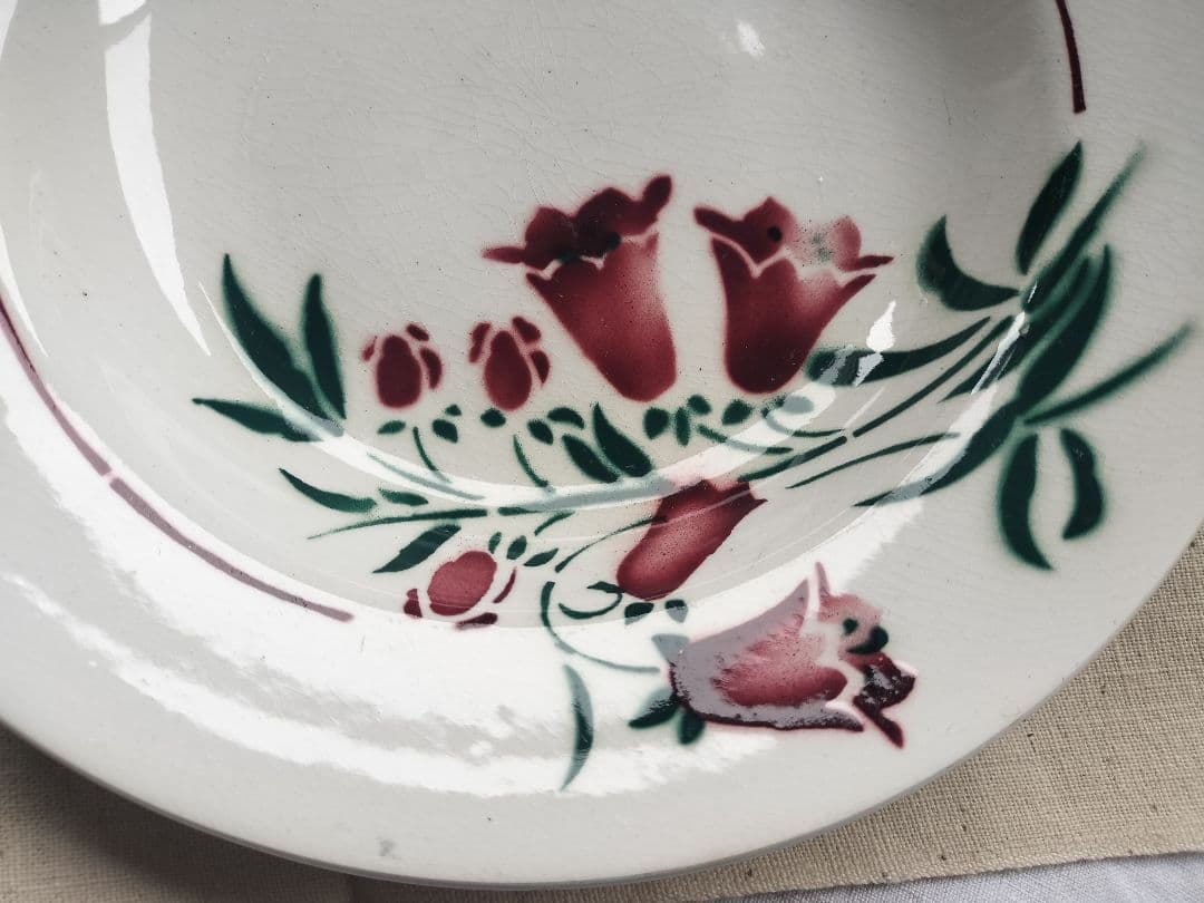 アンティーク　フランス　サンタマン　　赤い花　陶磁　深皿　美品　３枚セット