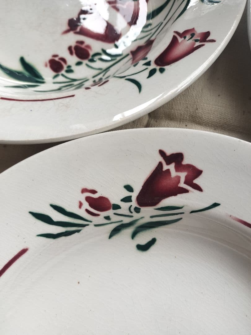 アンティーク　フランス　サンタマン　　赤い花　陶磁　深皿　美品　３枚セット