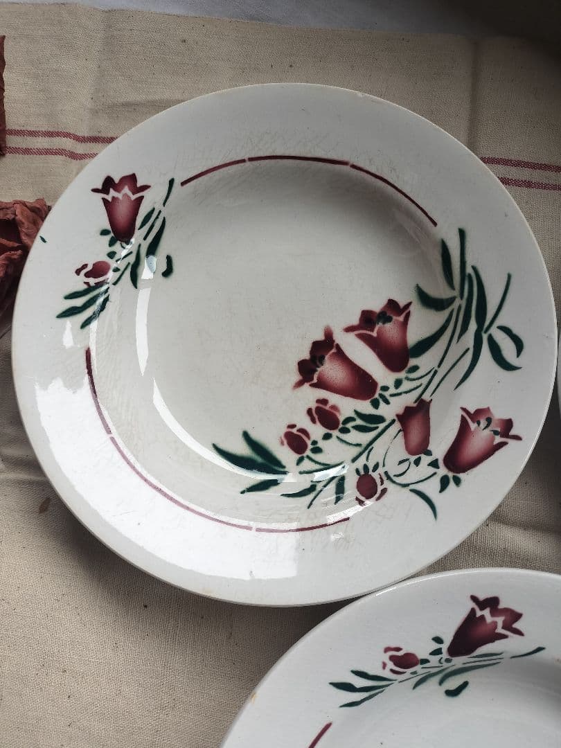 アンティーク　フランス　サンタマン　　赤い花　陶磁　深皿　美品　３枚セット