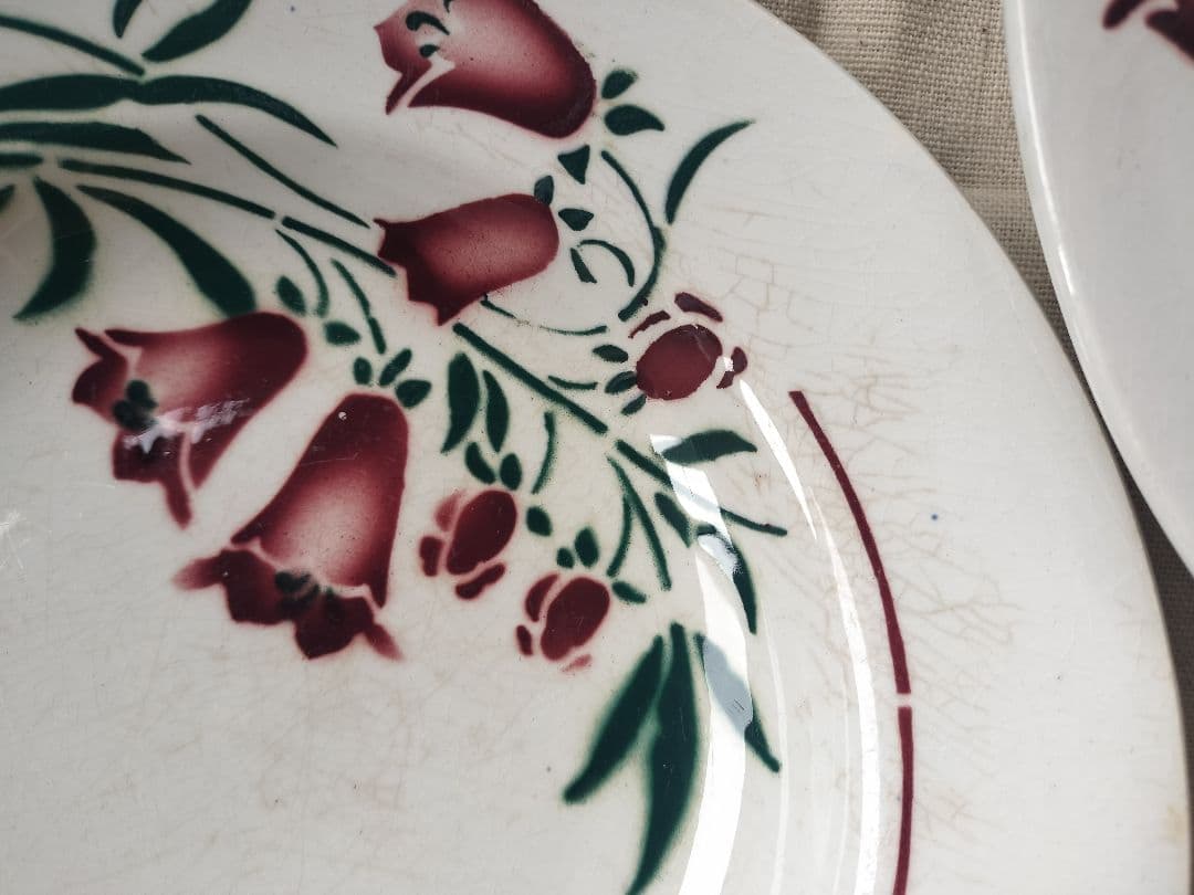 アンティーク　フランス　サンタマン　　赤い花　陶磁　深皿　美品　３枚セット