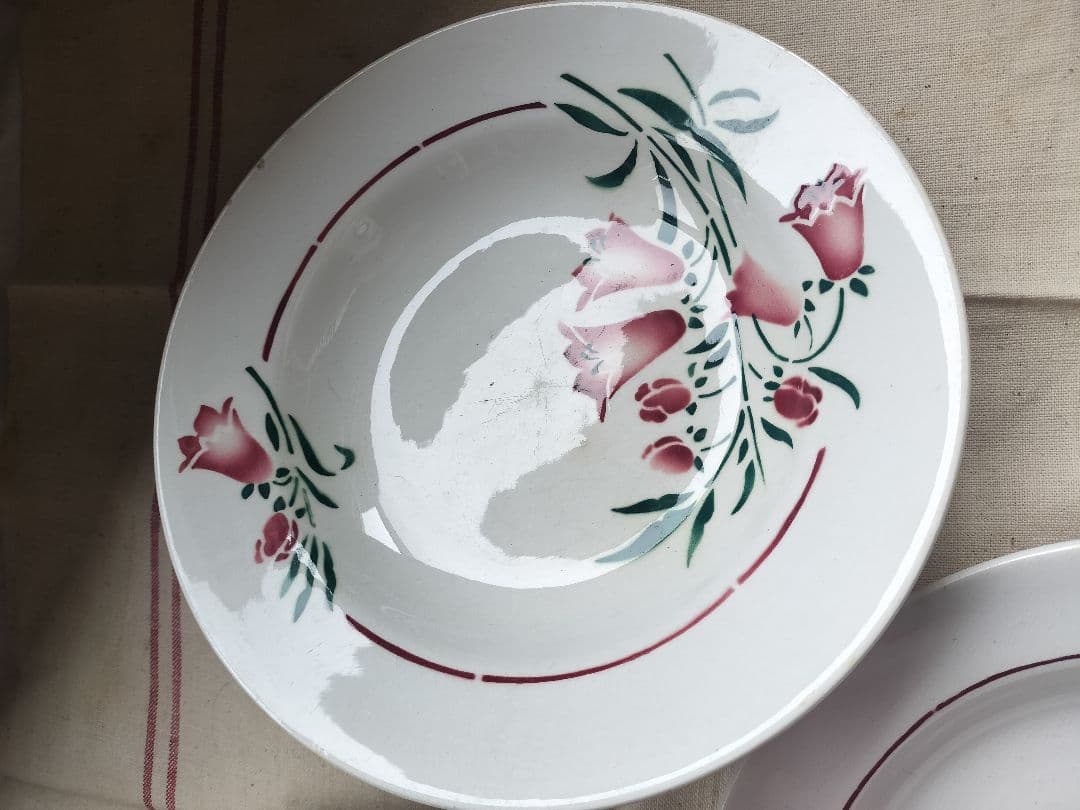 アンティーク　フランス　サンタマン　　赤い花　陶磁　深皿　美品　３枚セット
