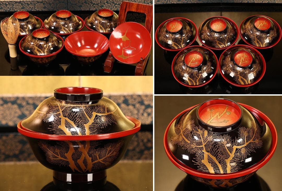 BK509　時代輪島塗　松鶴蒔絵　吸物椀　五客　木製　茶道具 懐石 菓子
